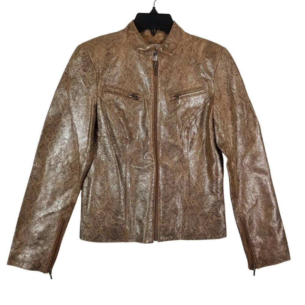 Vakko Sport Womens‎ Metallic Bronze Snakeskin Print Leather Moto Jacket Size 4